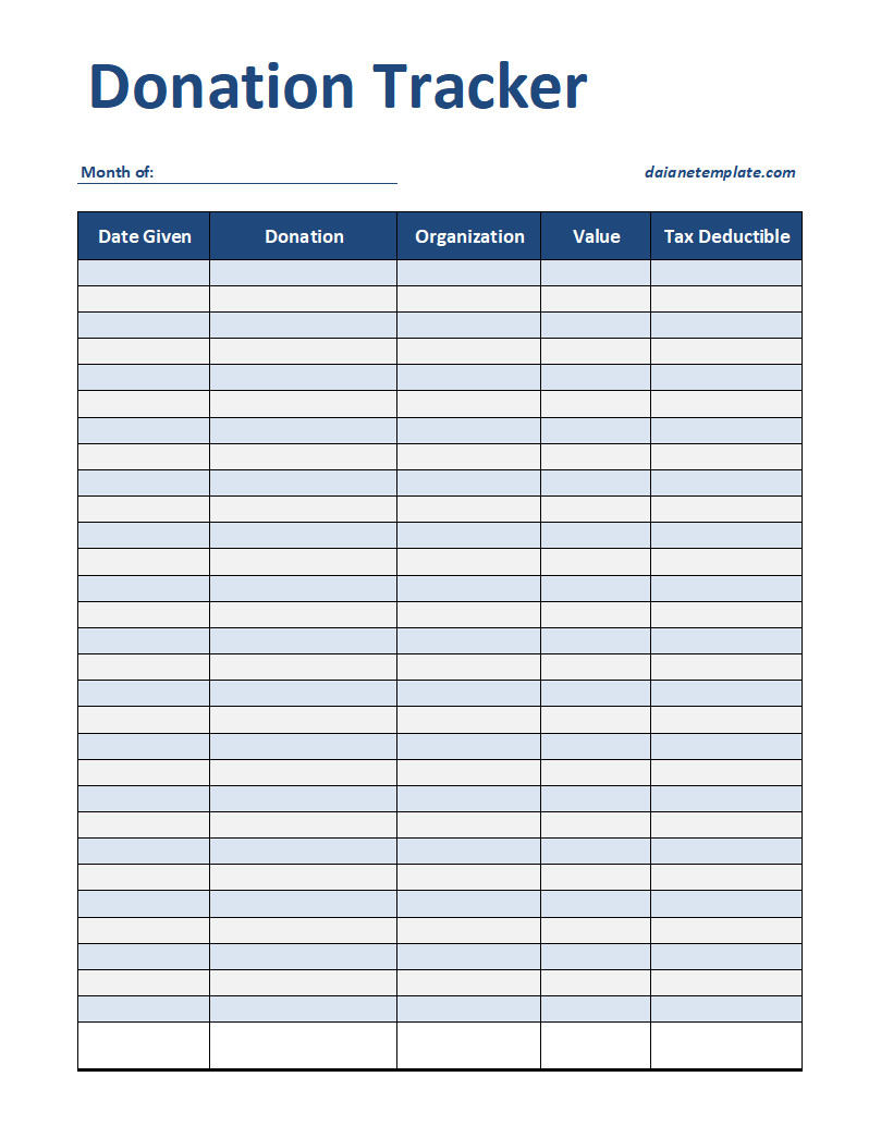 Donation Tracker Template with Sections for Recording Donor Names, Donation Amounts, and Dates