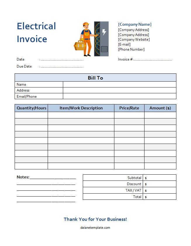 Professional electrical work invoice template for billing electrical services.