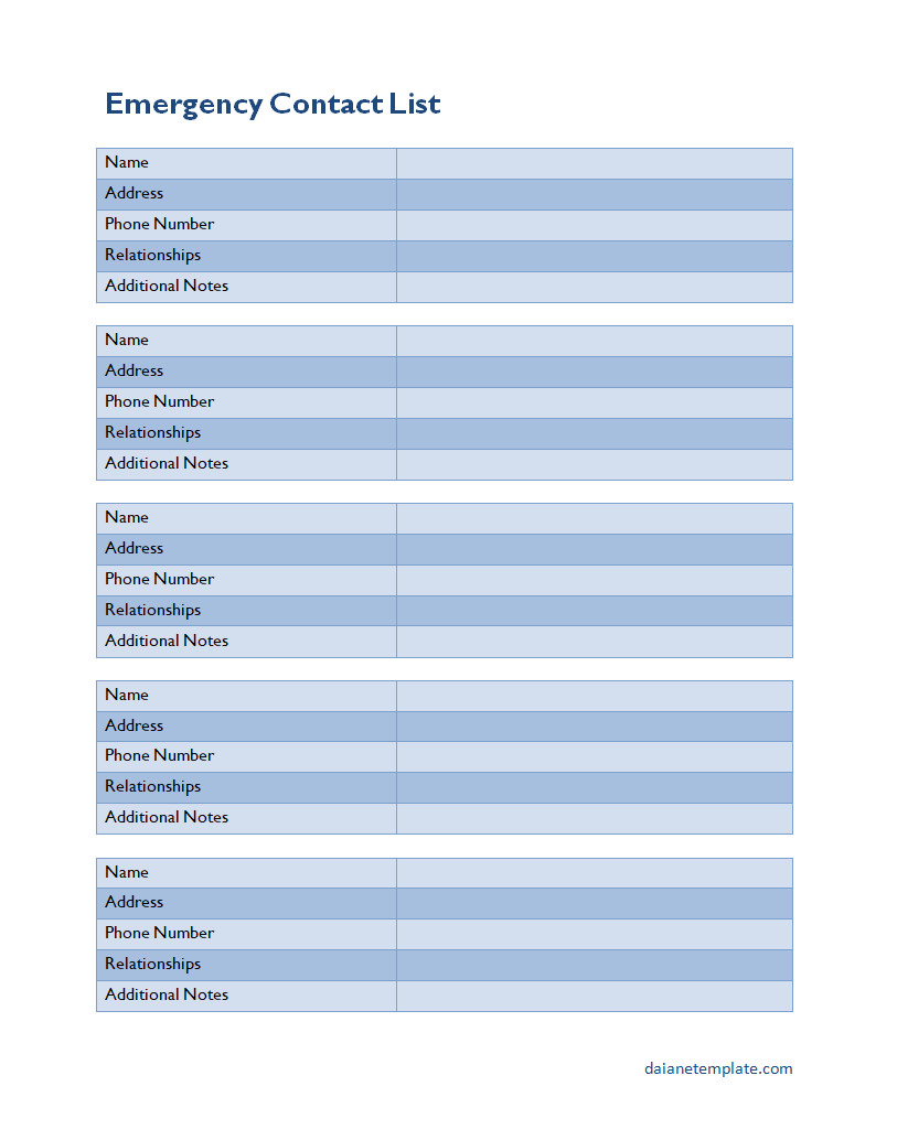 Editable emergency contact list template featuring a clear layout for quick reference in urgent situations