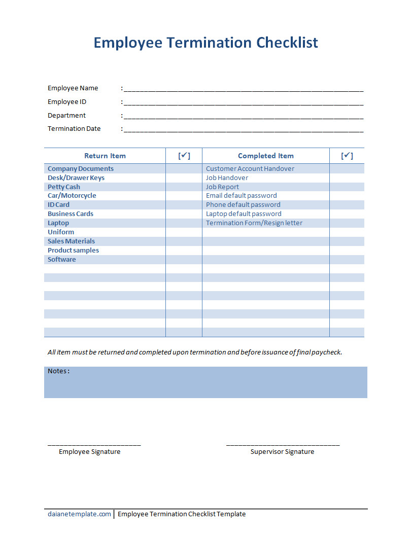 Printable employee termination checklist template featuring a clean layout for HR use