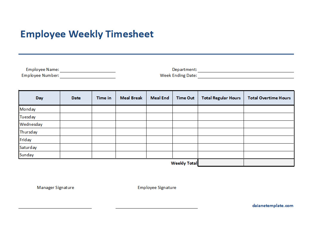 Detailed employee weekly timesheet template with sections for recording start and end times, breaks, overtime hours, and supervisor approval.