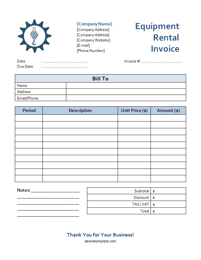 Equipment rental invoice template with sections for rental item details, rental period, and total cost.