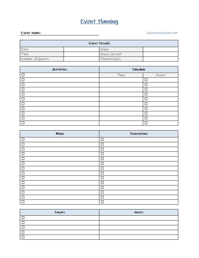 Comprehensive event planning checklist template featuring event details, venue selection, activities, schedule, menu, decorations, and logistics sections.