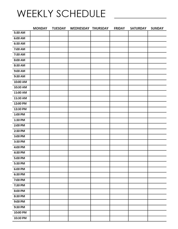 Example of 7 Day Schedule Template