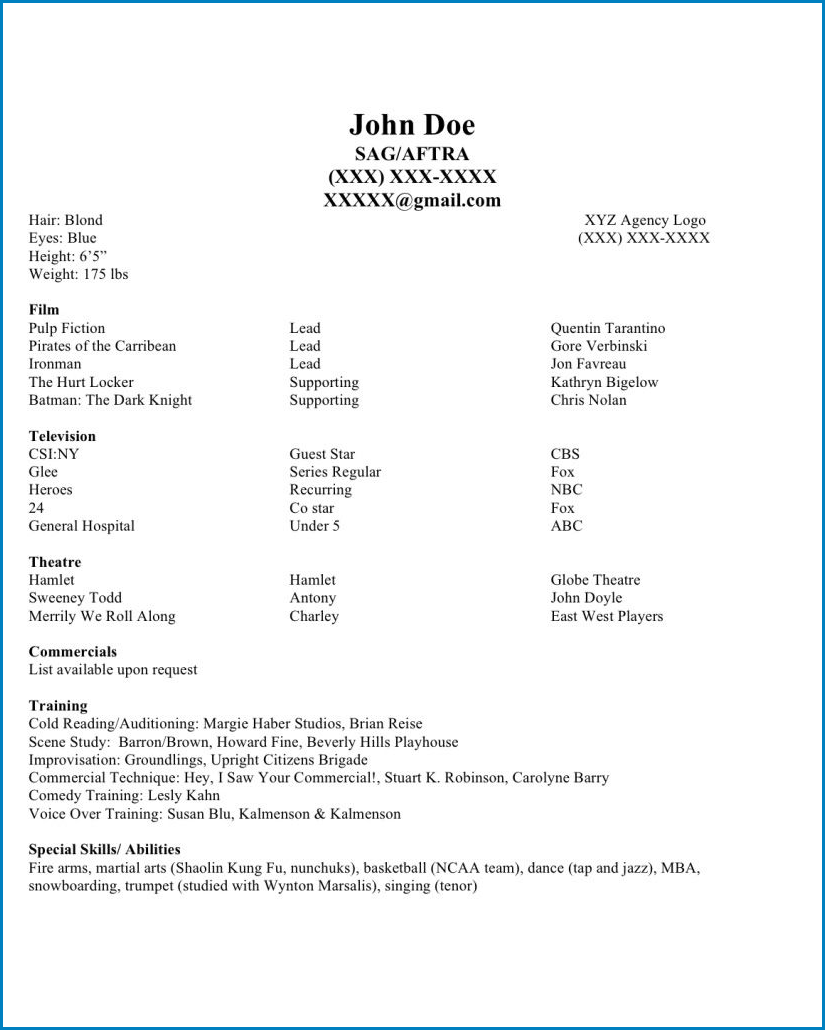 Example of Acting Resume Template No Experience