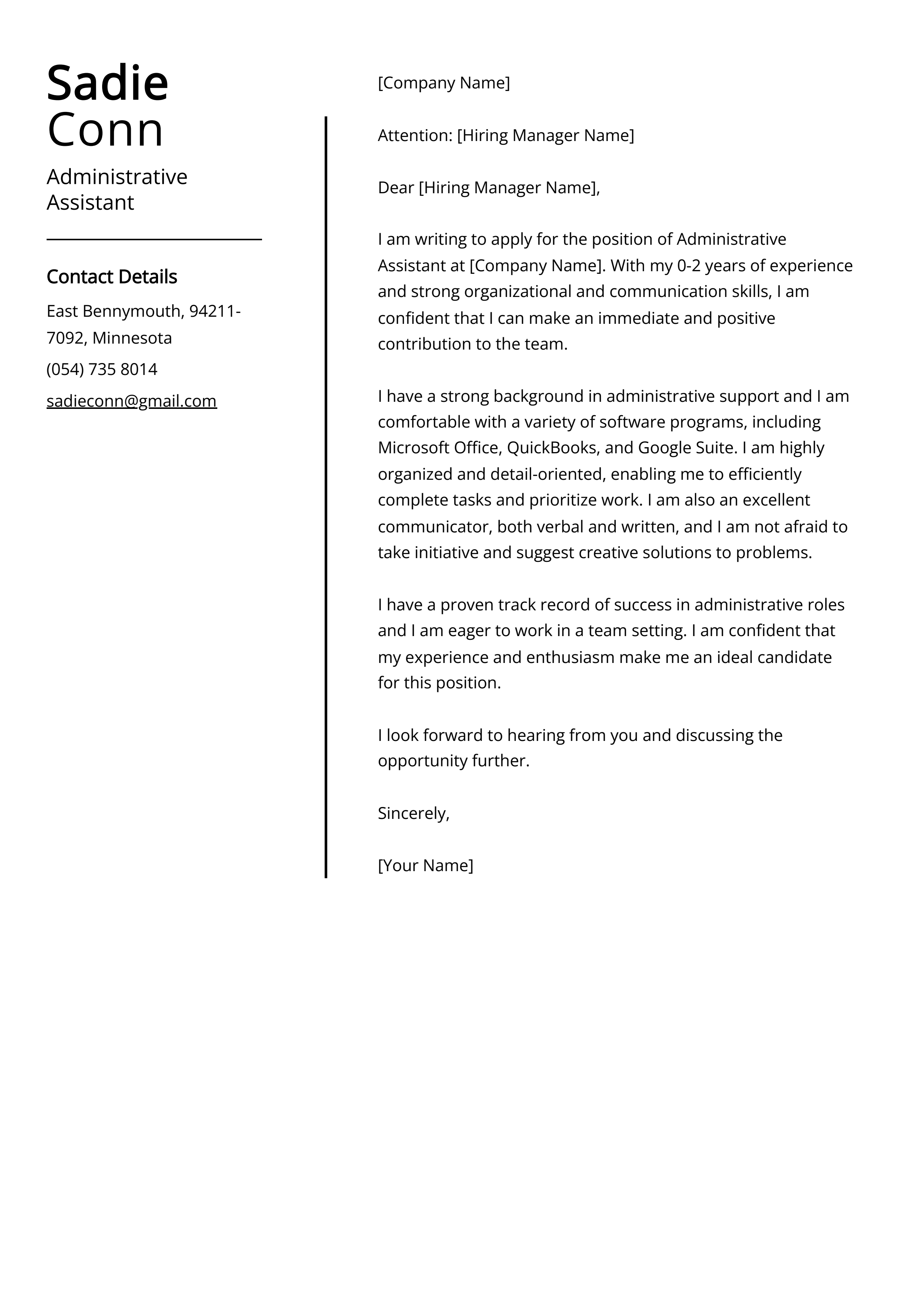 Example of Administrative Assistant Cover Letter Template