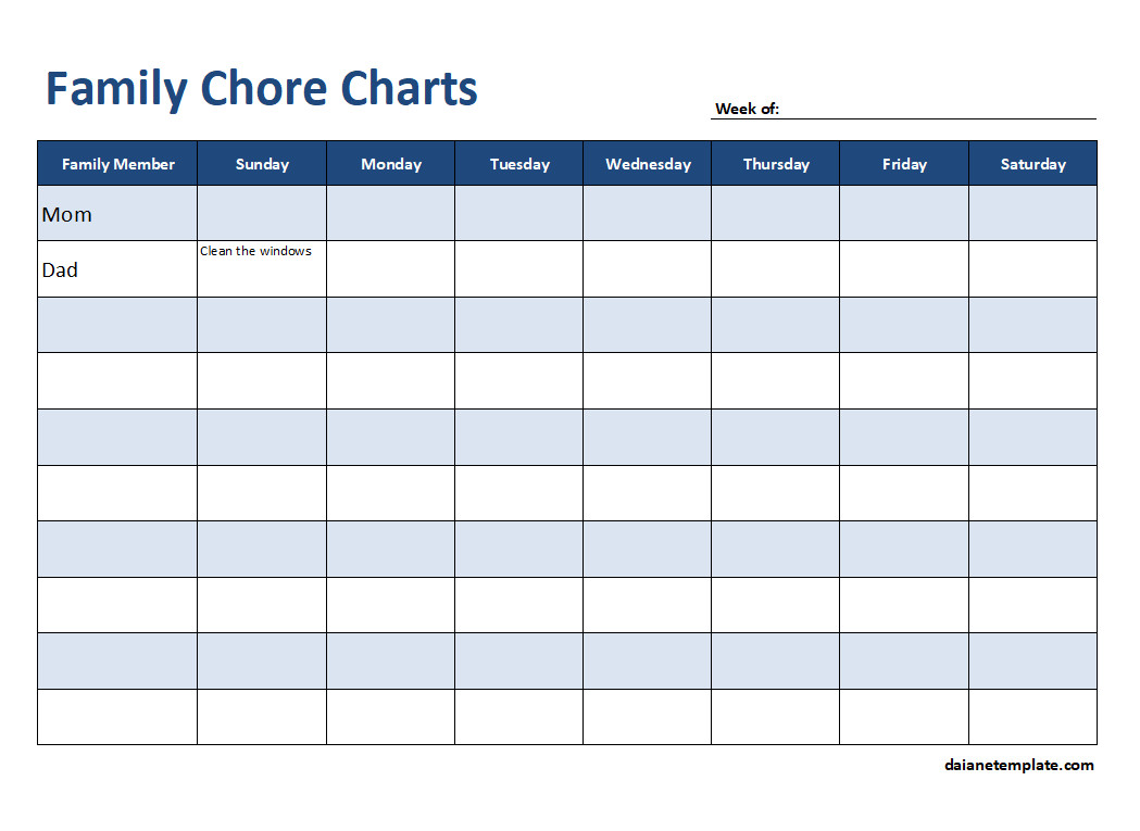 Editable Family Chore Chart Template with Spaces for Task Descriptions, Assigned Person, and Daily Progress Tracking