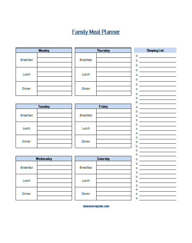 Structured family meal planner template with breakfast, lunch, dinner, and a grocery shopping section organized by days of the week.