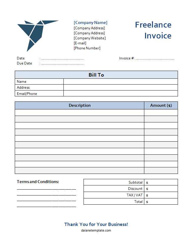 Template for freelance invoice showing a clear layout for listing services, hours worked, and total amount due.