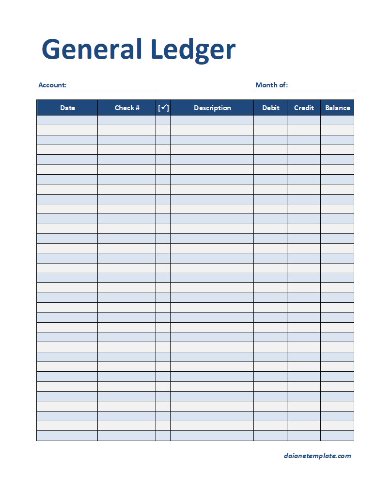 General Ledger Template with Columns for Recording Transactions, Account Balances, and Dates