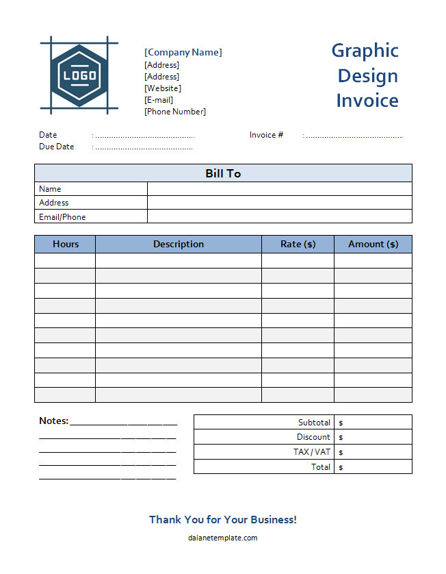 Printable graphic design invoice template with space for project description, rates, and total amount.