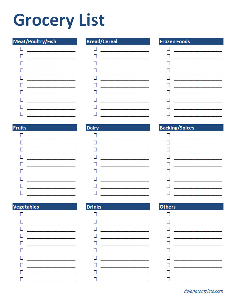 Editable grocery list template with checkboxes for each item, allowing users to mark off purchases as they shop for groceries.