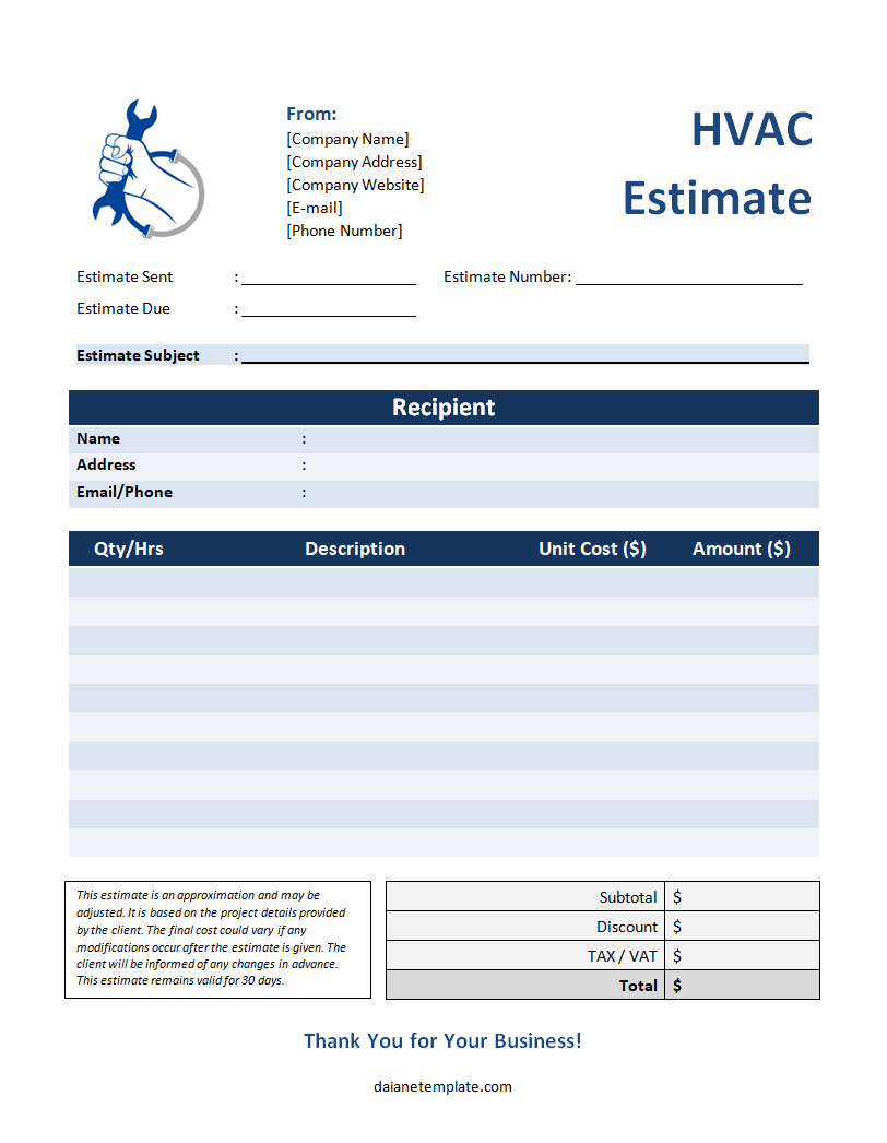 Sample HVAC Estimate Template Featuring Fields for Equipment Details, Labor Costs, and Estimated Total