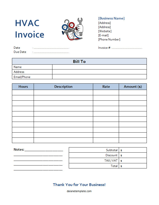 Detailed HVAC invoice template with sections for client information, HVAC services provided, and total amount due