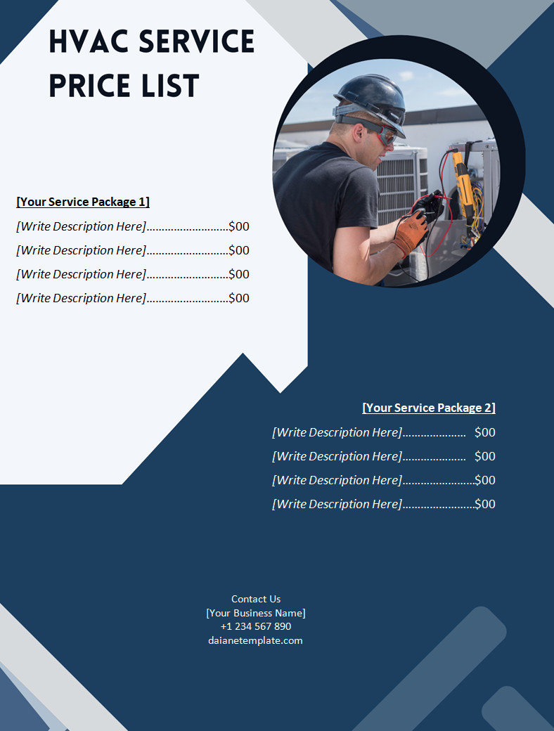 HVAC Price List Template with Sections for Service Types and Pricing