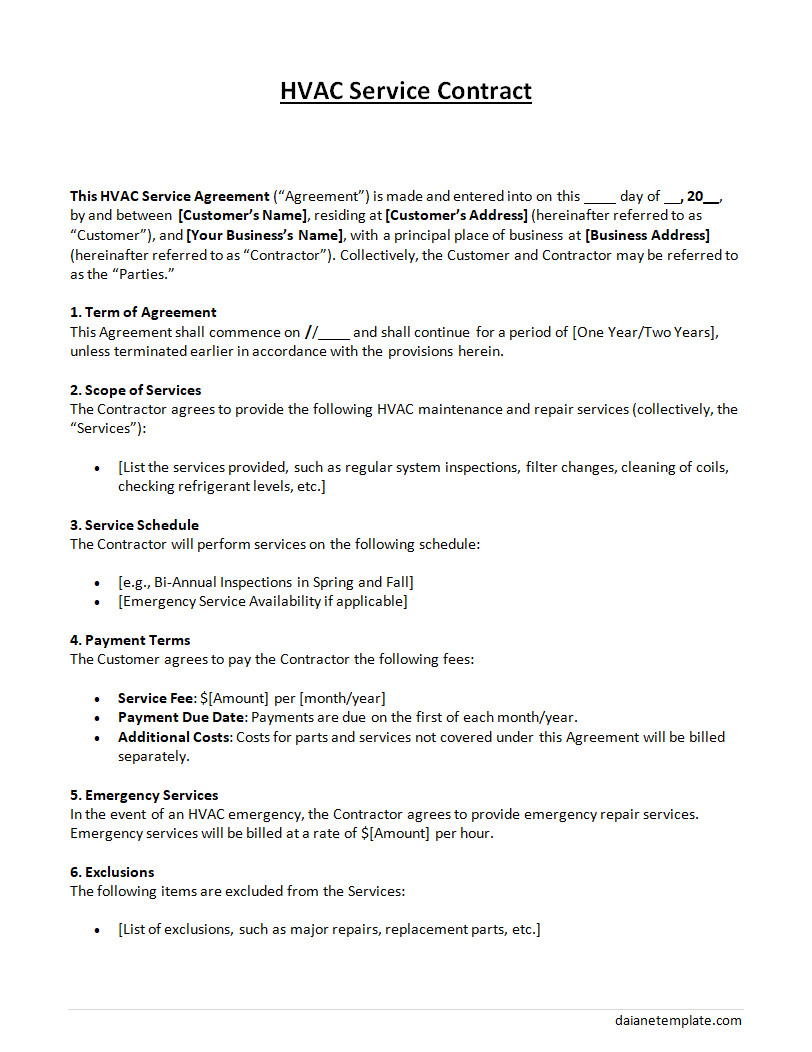 HVAC Service Contract Template with Sections for Client Information, Service Terms, and Payment Details