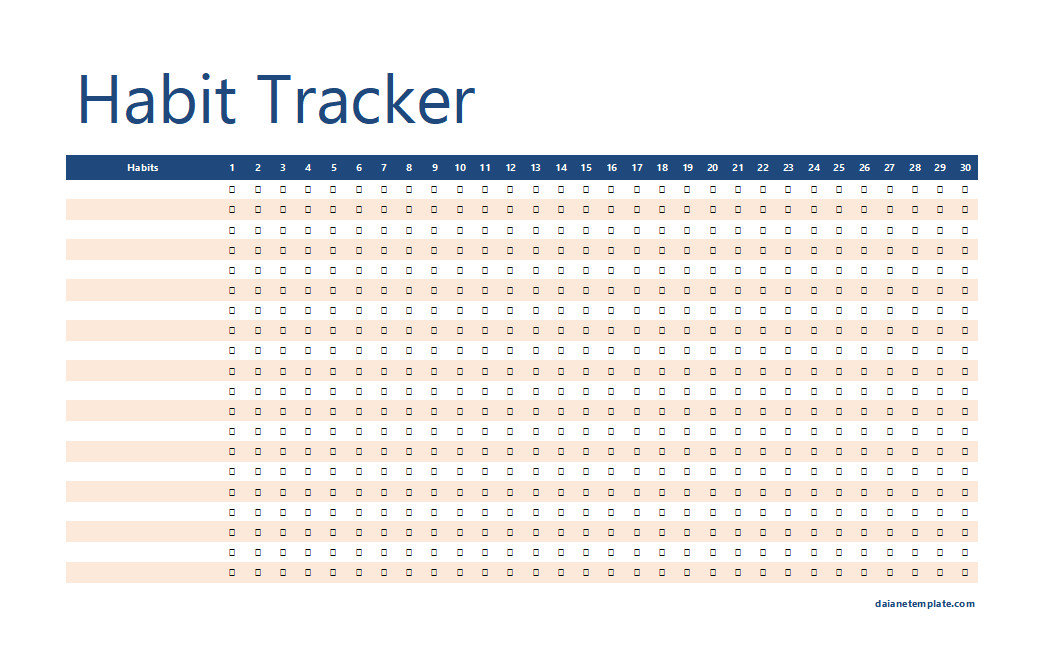 Habit tracker template featuring a grid layout with days of the month and spaces to mark completed habits.