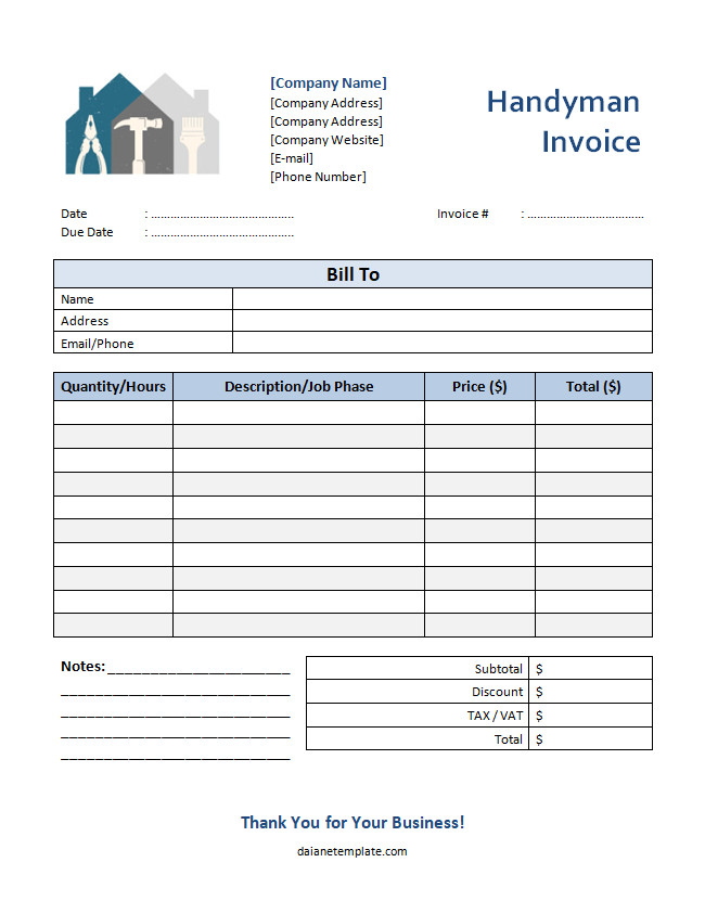 Printable handyman invoice template with space for itemized services, rates, and contact details.