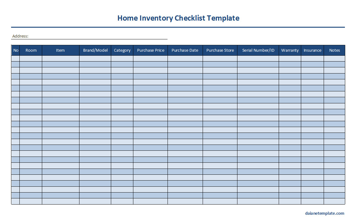 Customizable home inventory checklist featuring spaces for descriptions, purchase dates, and conditions.