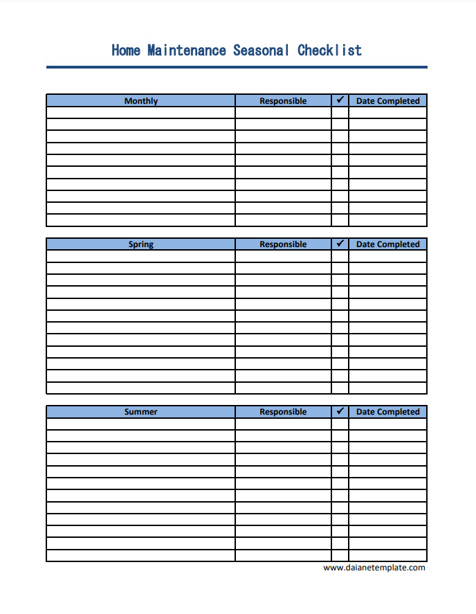 Home maintenance seasonal checklist template featuring tasks organized by spring, summer, fall, and winter.