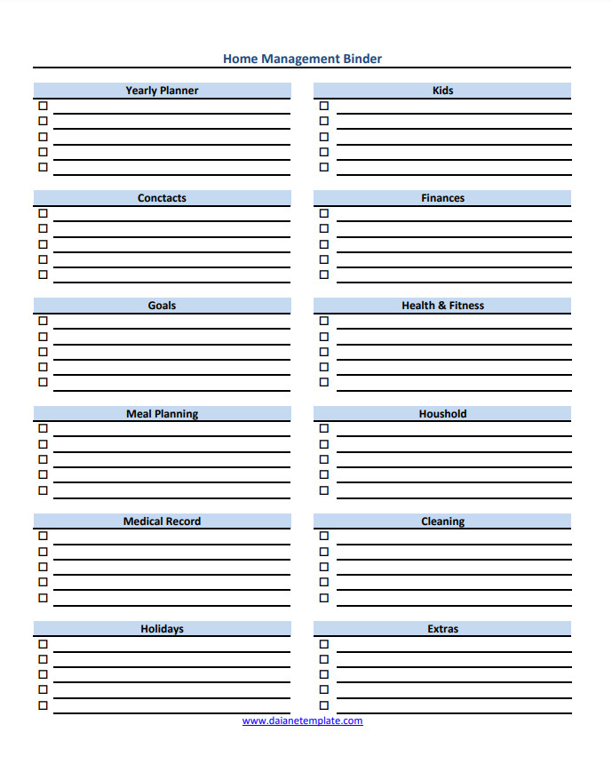 Home management binder template featuring sections for budgeting, meal planning, and household chores.