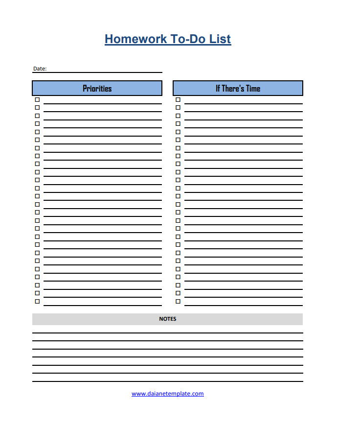 Homework to-do list template featuring sections for listing assignments, due dates, and priority levels.