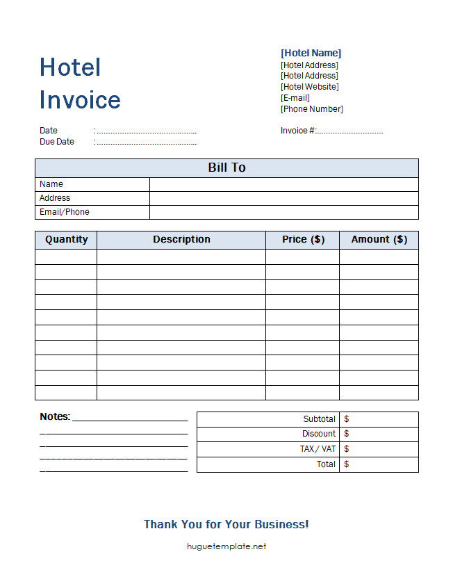 Professional Hotel Invoice Template with itemized list of charges and payment details.