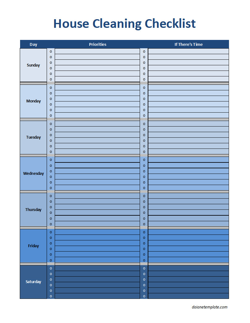 Professional house cleaning checklist template featuring sections for rooms, tasks to complete, and checkboxes for tracking cleaning progress.