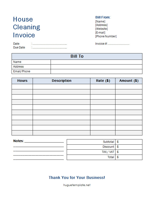 House cleaning invoice template with a professional layout, including sections for client details, service description, and total charges.