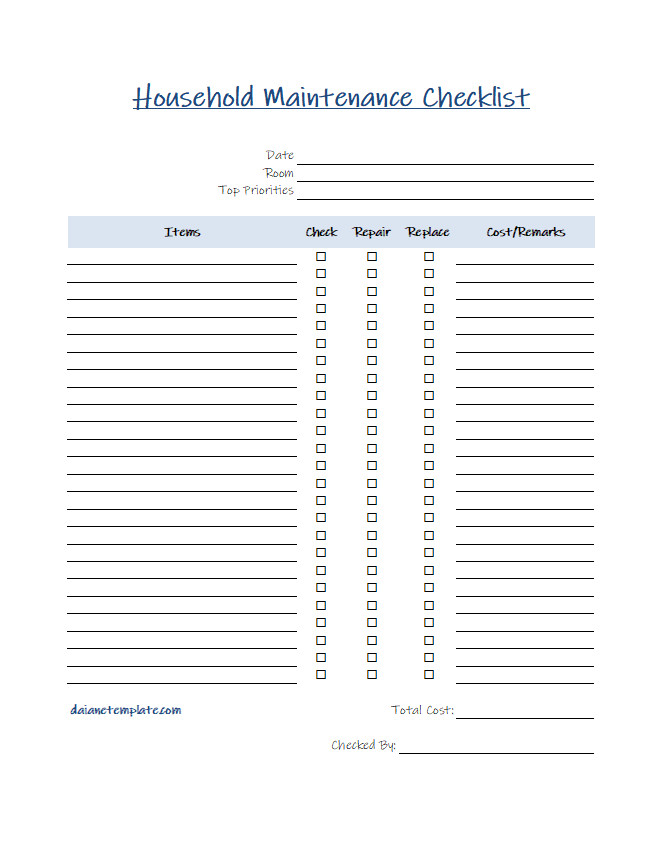 Comprehensive household maintenance checklist template featuring sections for task items, check, repair, replace, and cost/remarks.