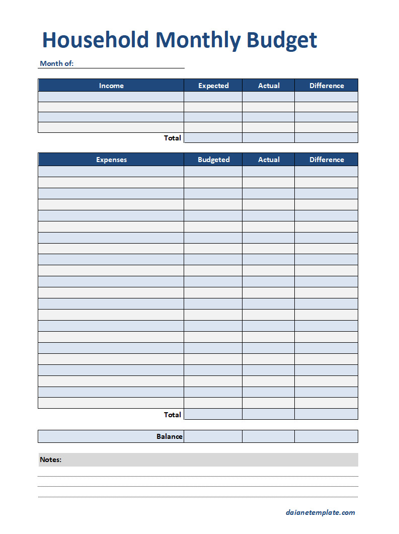 Editable Household Monthly Budget Template with Spaces for Recording Monthly Bills, Total Income, and Financial Balance