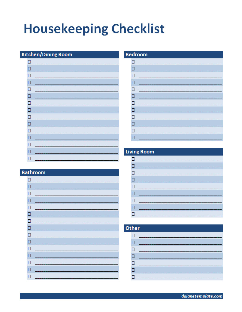 Organized housekeeping checklist template with clearly defined areas for chores such as dusting, vacuuming, and laundry, allowing easy tracking of completed tasks.