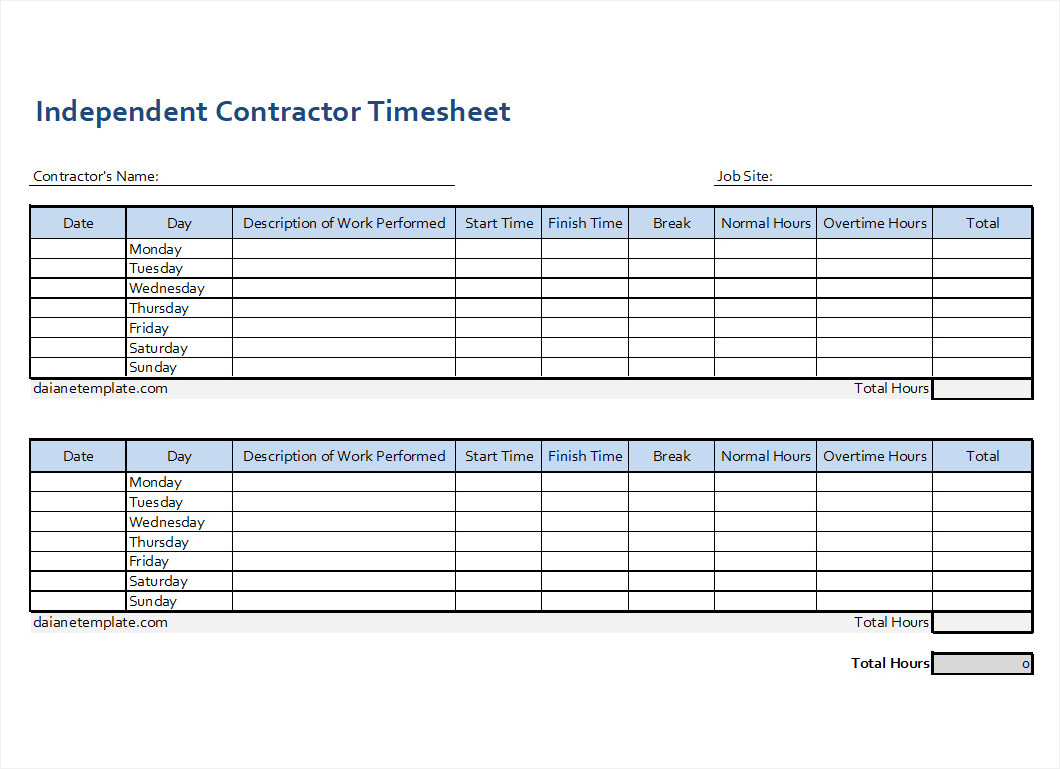 Professional independent contractor timesheet template with sections for contractor name, client details, project description, hours worked, and total billable hours.