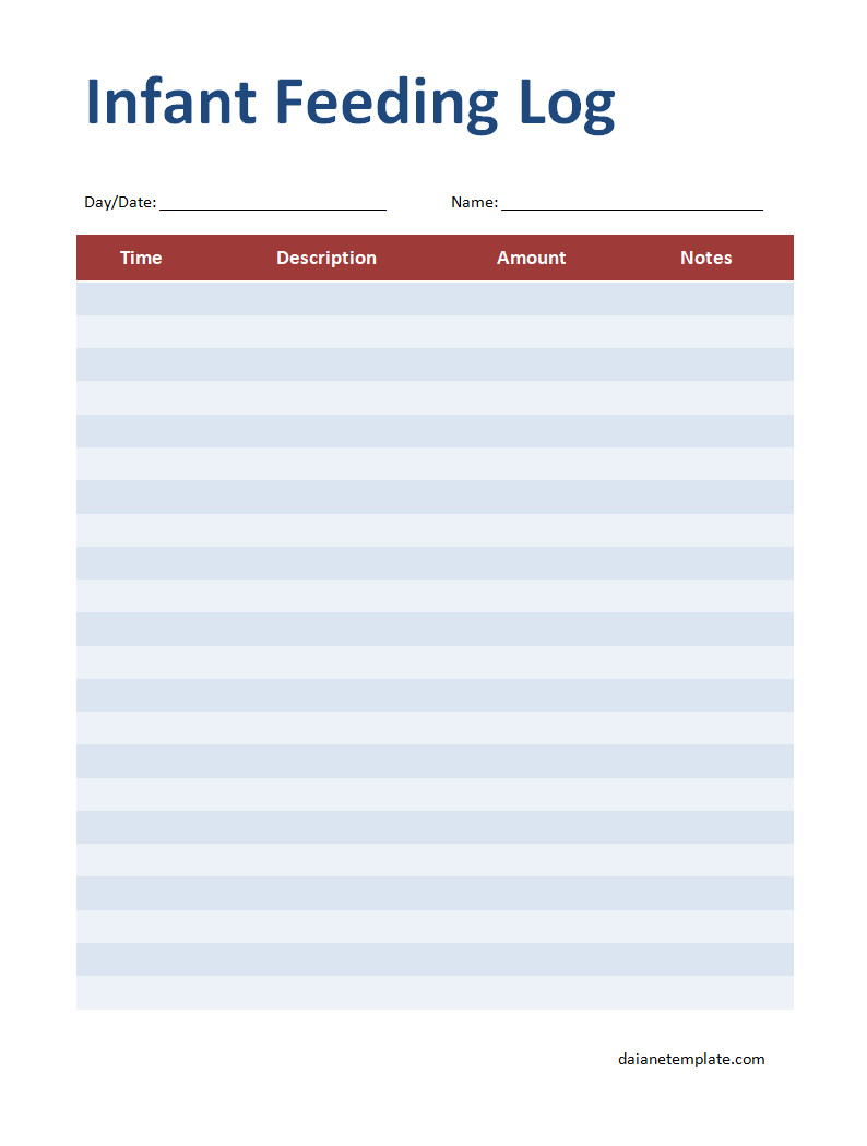 Infant Feeding Log Template with Sections for Feeding Times, Amounts, and Notes on Baby’s Reaction