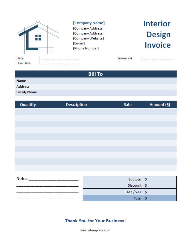 Interior Design Invoice Template with Sections for Design Services, Materials, and Total Charges