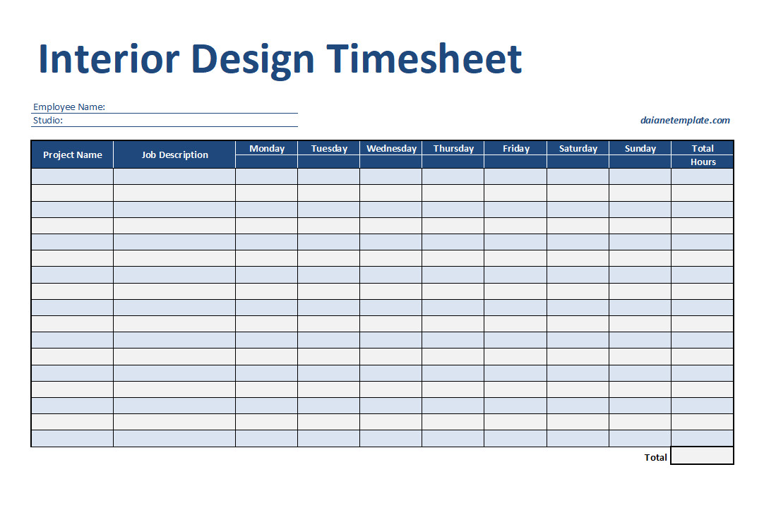 Sample Interior Design Timesheet Template Featuring Fields for Tracking Billable Hours