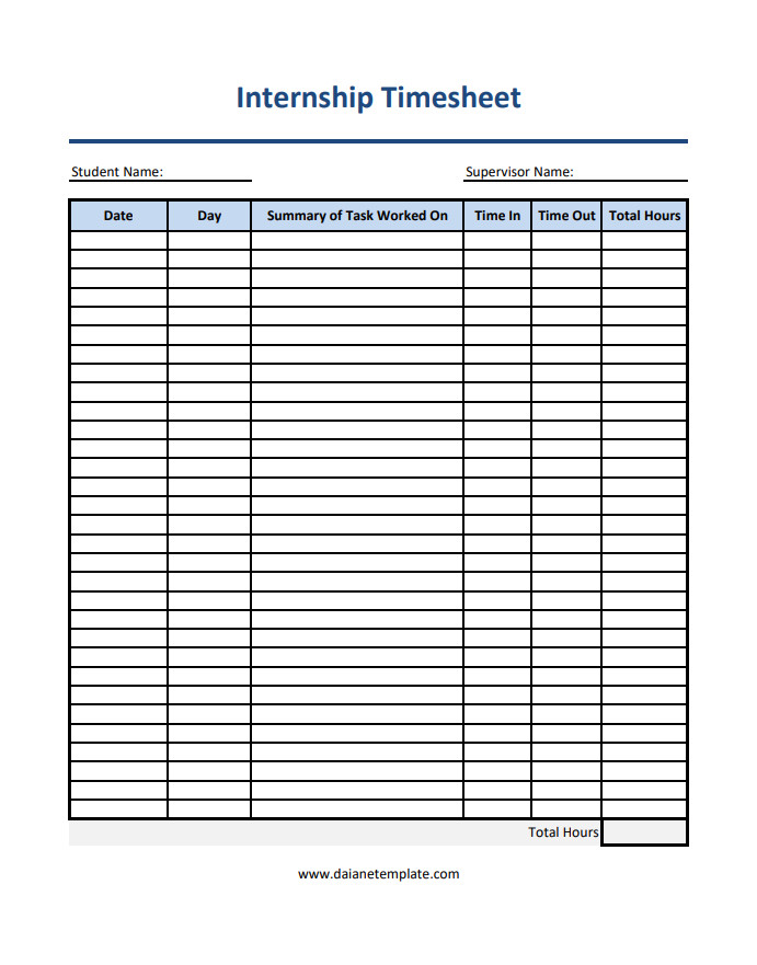 Internship timesheet template featuring fields for recording daily hours, tasks completed, and supervisor approval.