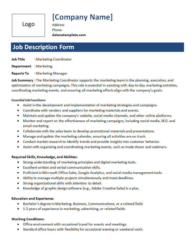 Job Description Template with Sections for Job Title, Responsibilities, and Qualifications