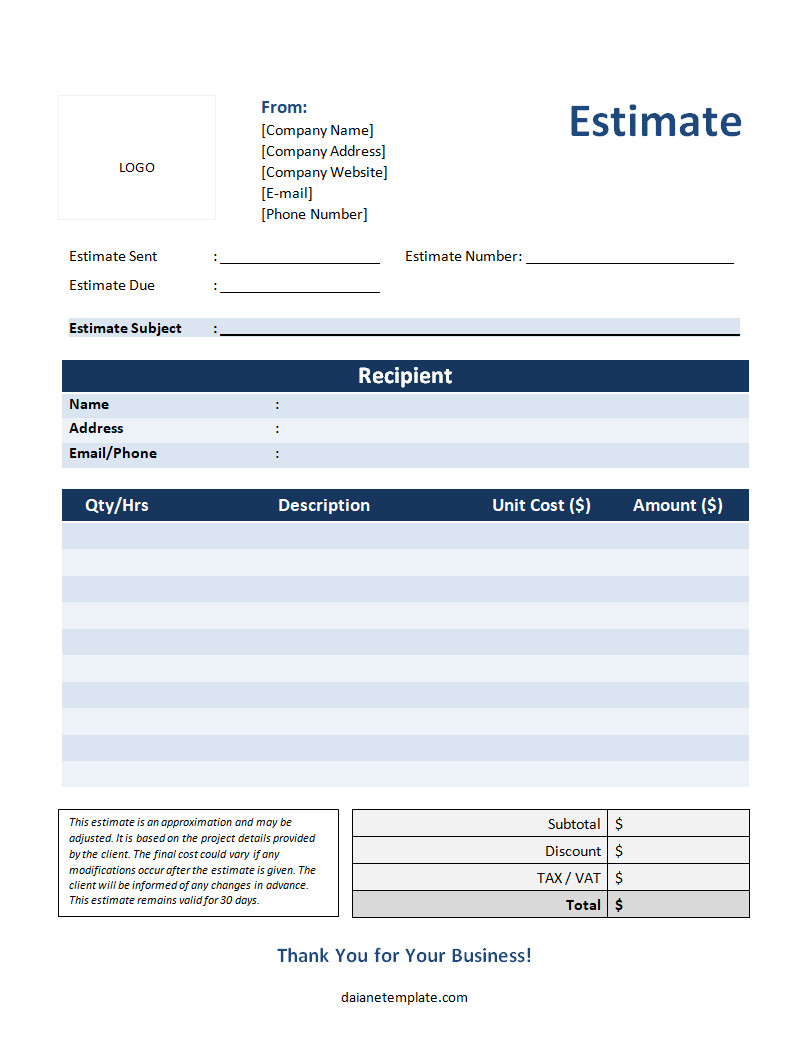 Job Estimate Template with Sections for Client Information, Job Description, and Estimated Costs