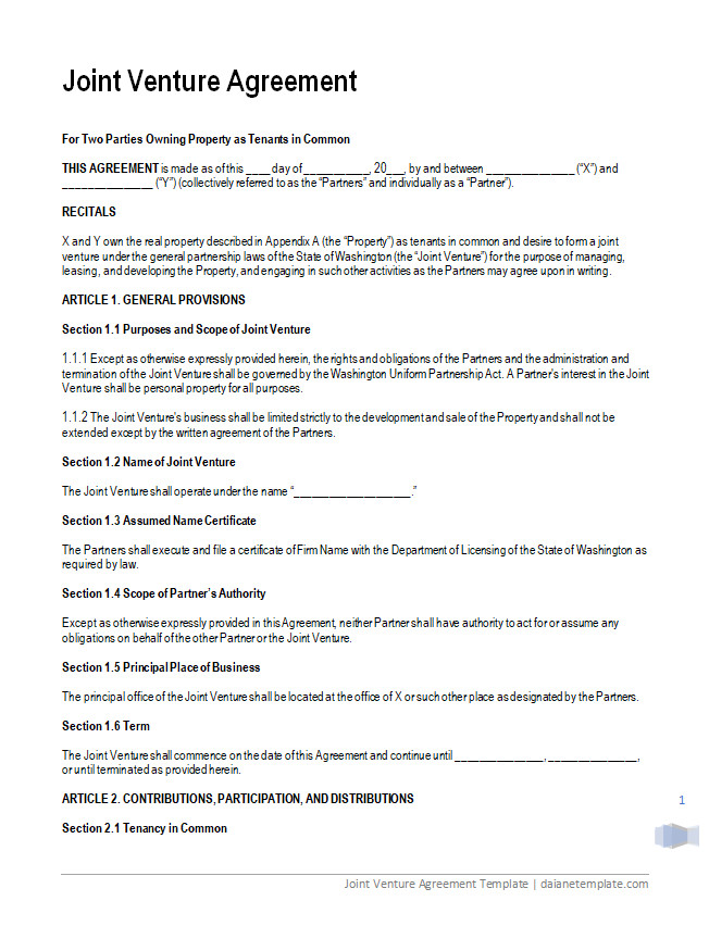 Joint Venture Agreement Template with Sections for Partner Details, Contribution Terms, and Profit Sharing