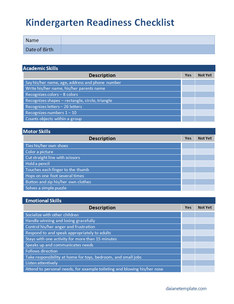 Organized kindergarten readiness checklist template with clearly defined areas for parent observations, child achievements, and readiness indicators.