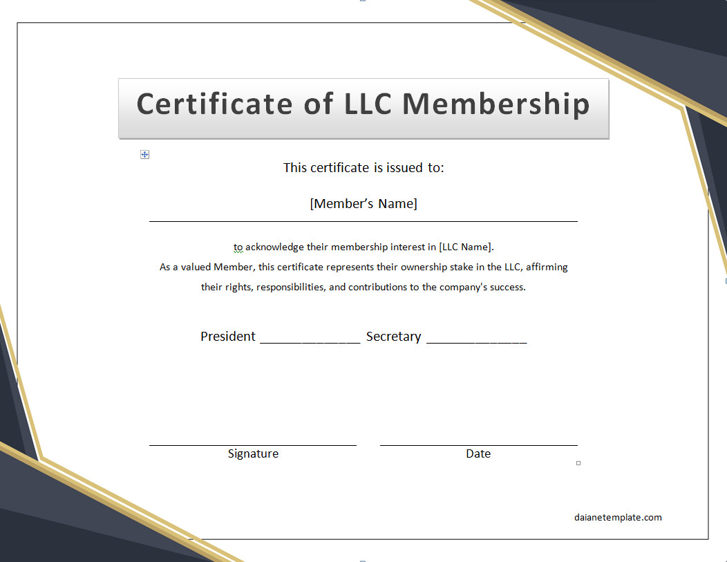 LLC Membership Certificate Template with Sections for Member Name, LLC Name, and Date of Membership