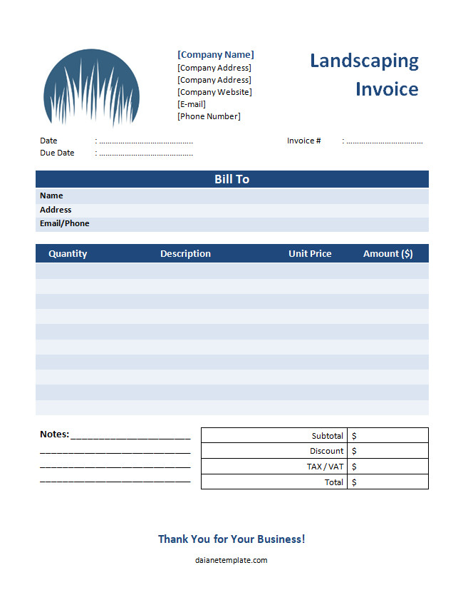 Sample Landscaping Invoice Template Featuring Itemized Costs and Client Information