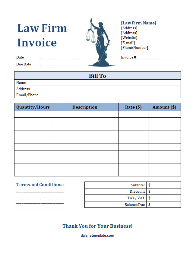 Professional law firm invoice template with sections for client details, legal services provided, and payment terms.