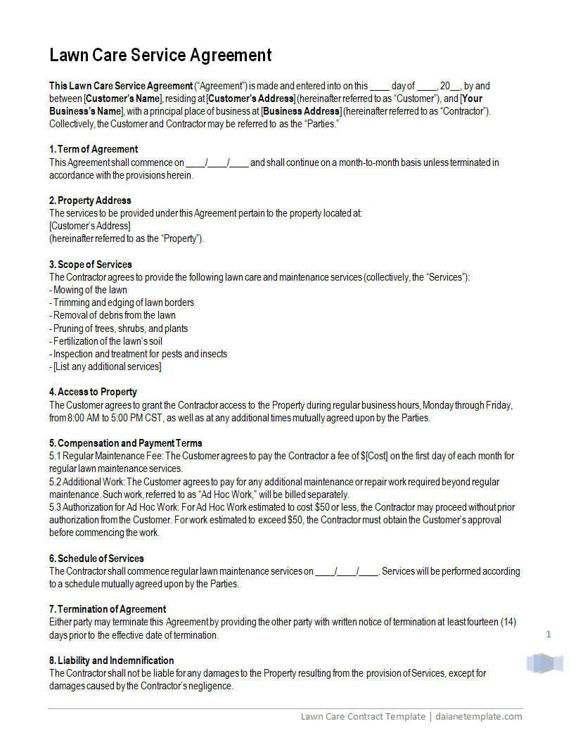 Lawn Care Contract Template with Sections for Client Information, Service Details, and Payment Terms