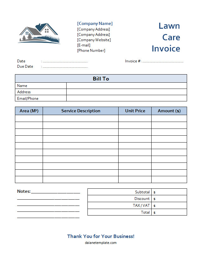 Lawn care invoice template with sections for service details, hours worked, and total amount due.