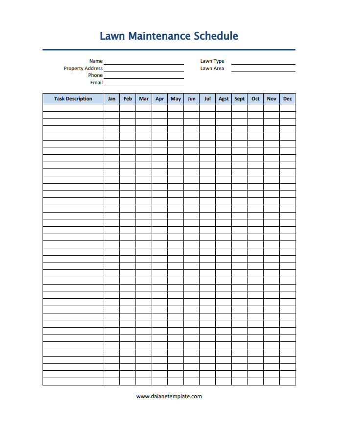 Customizable lawn maintenance schedule template for organizing and tracking yard upkeep activities.