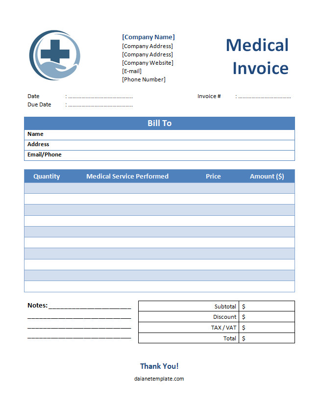 Medical Invoice Template with Sections for Patient Information, Services Rendered, and Billing Details