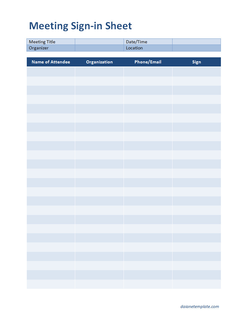 Printable sign-in sheet for meetings, featuring a clean design for recording attendee details