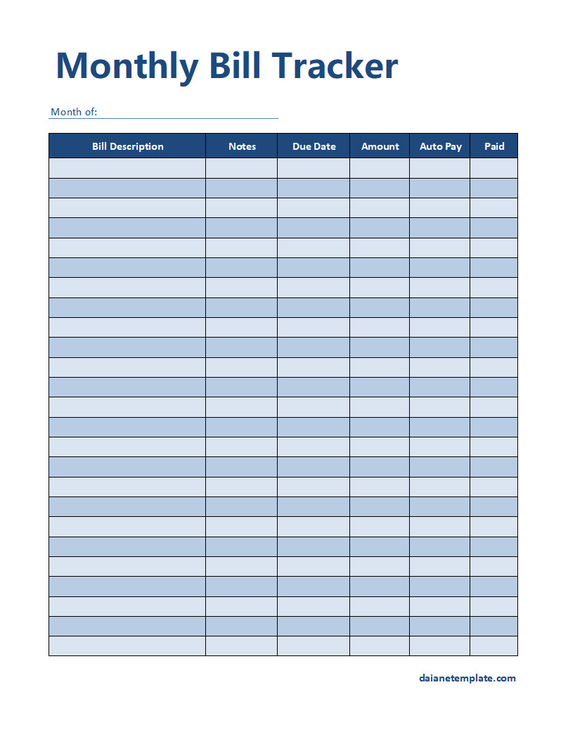 Monthly Bill Tracker Template with Sections for Listing Bills, Due Dates, and Payment Status